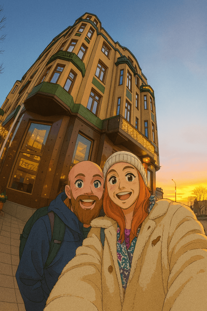 Efe ve Ebru'nun Belgrad Hotel Moskva önünde çekilmiş animasyon tarzı fotoğrafı - 2024 Noel tatili