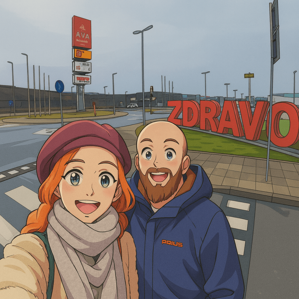 Efe ve Ebru'nun Belgrad'daki Ava Shopping Park önünde çekilmiş animasyon tarzı fotoğrafı - 2024 Noel tatili