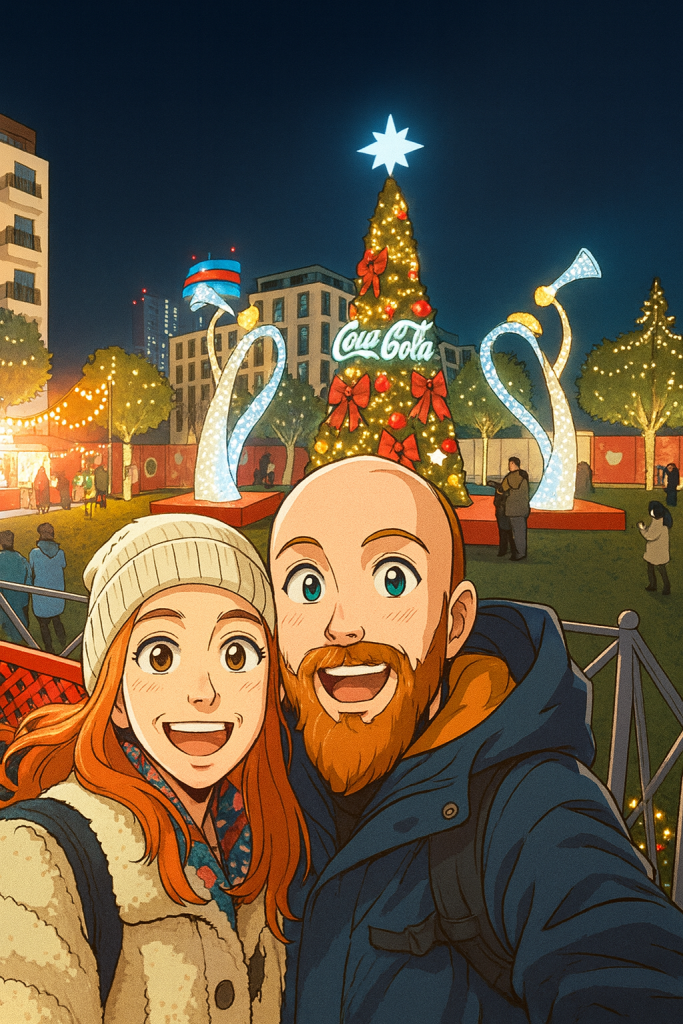 Efe ve Ebru'nun Belgrad Christmas Market alanında noel ağacı önünde çekilmiş animasyon tarzı fotoğrafı - 2024 Noel tatili