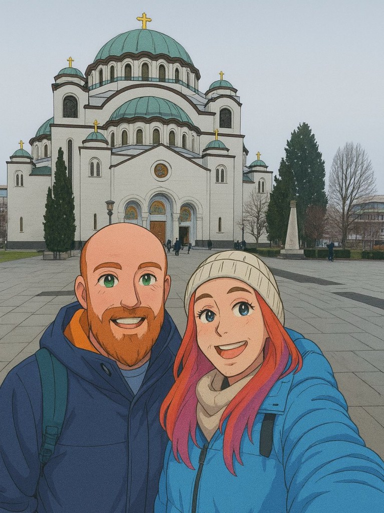 Efe ve Ebru'nun Belgrad'daki St. Sava Katedrali önünde çekilmiş animasyon tarzı fotoğrafı - 2024 Noel tatili