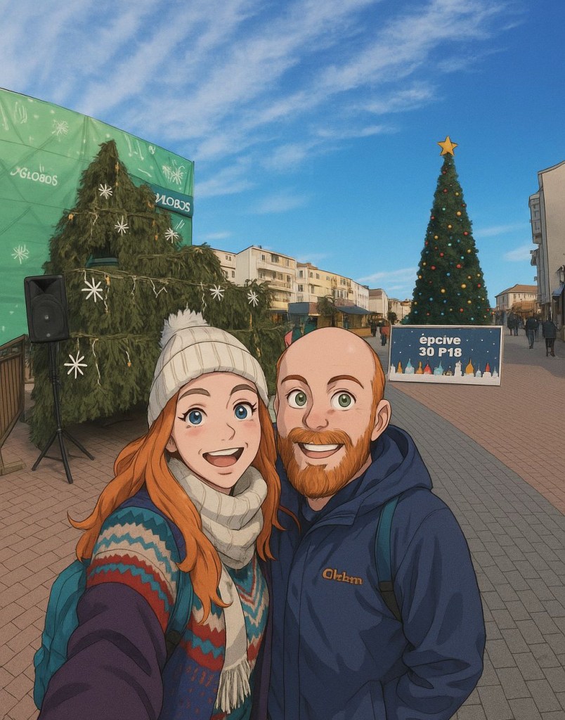 Efe ve Ebru'nun Novi Sad'da yılbaşı ağacı önünde çekilmiş animasyon tarzı fotoğrafı - 2024 Noel tatili