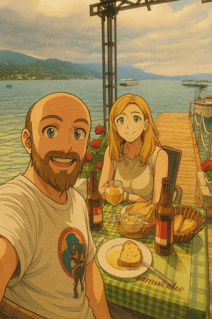 Efe ve Ebru'nun Makedonya tatilinde Ohrid'de öğle yemeği için gittikleri Kaj Kanevce restoran bahçesinde çekilmiş animasyon tarzı fotoğraf