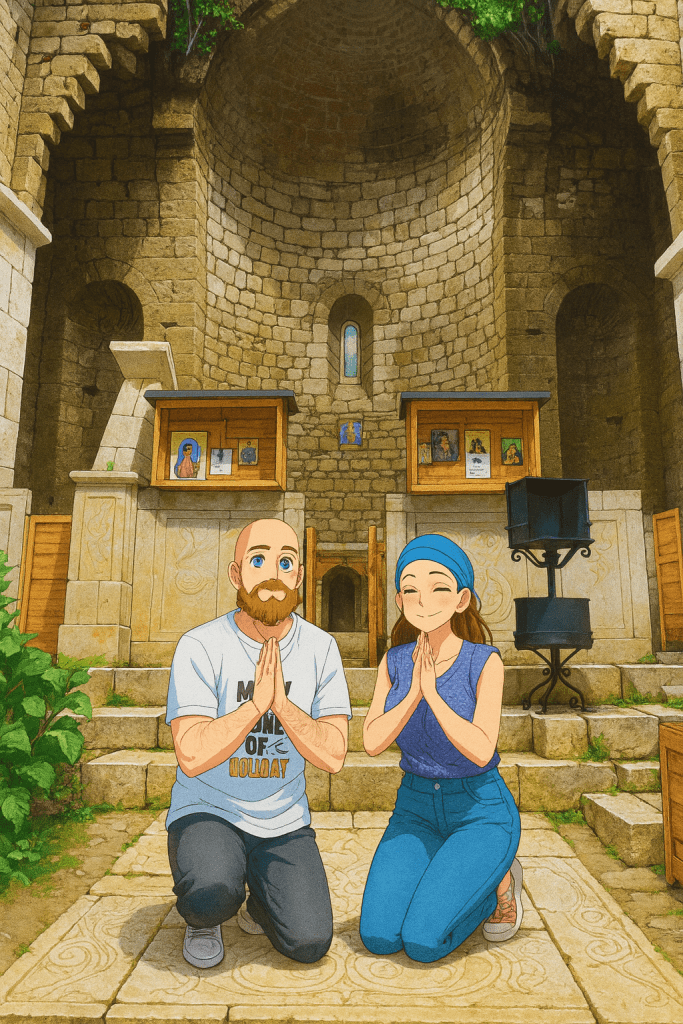 Efe ve Ebru'nun Üsküp tatilinde gittikleri Mavrova'daki Aziz Nikolas kilisesi içinde çekilmiş animasyon tarzı fotoğraf - 2023 yaz tatili