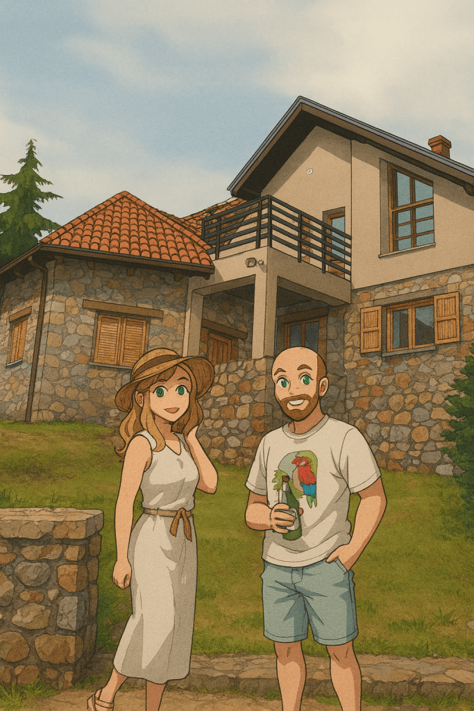 Efe ve Ebru'nun Makedonya tatilinde Ohrid'de kiraladıkları villa önünde çekilen animasyon tarzı fotoğraf