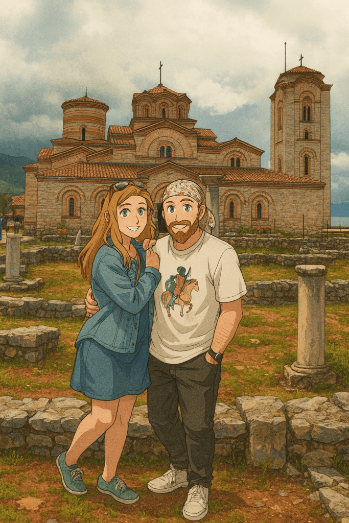 Efe ve Ebru'nun Makedonya tatilinde Ohrid'de gittikleri St. Clement Panteleimon antik kenti içinde çekilmiş animasyon tarzı fotoğraf