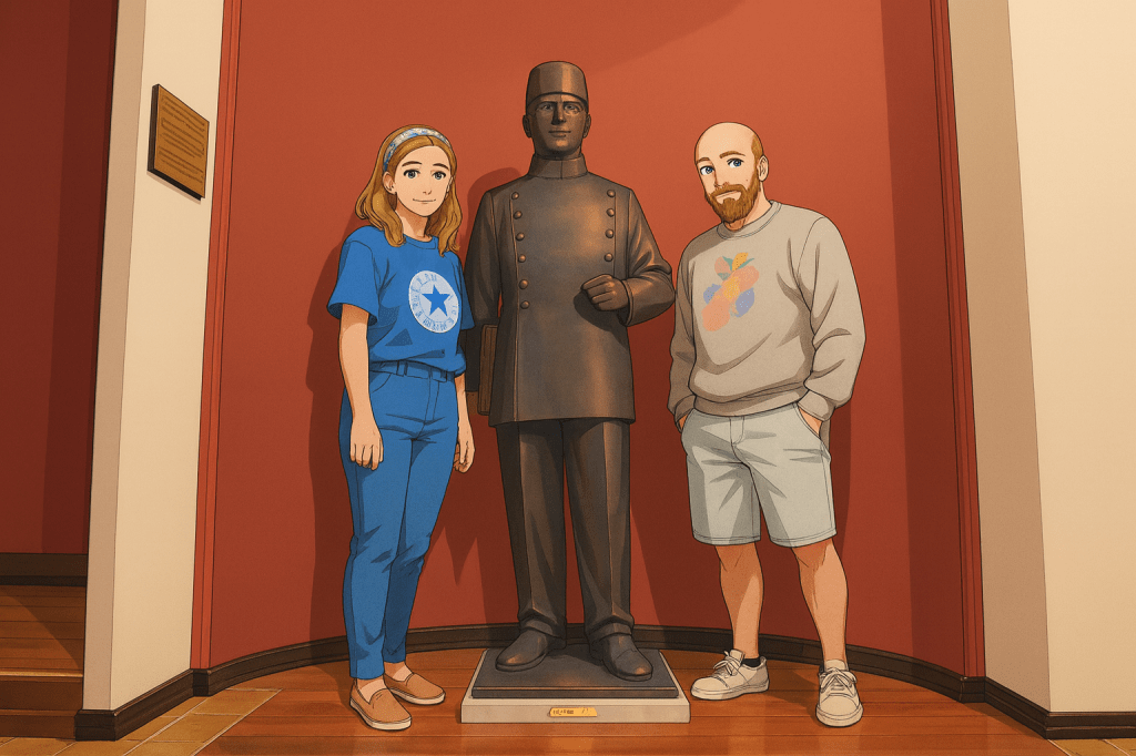 Efe ve Ebru'nun Makedonya tatilinde Manastır'da gittikleri Manastır Askeri İdadisi'ndeki Atatürk ile çekilmiş animasyon tarzı fotoğraf