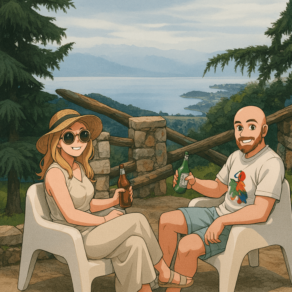 Efe ve Ebru'nun Makedonya tatilinde Ohrid'de kiraladıkları villa bahçesinde çekilmiş animasyon tarzı fotoğraf