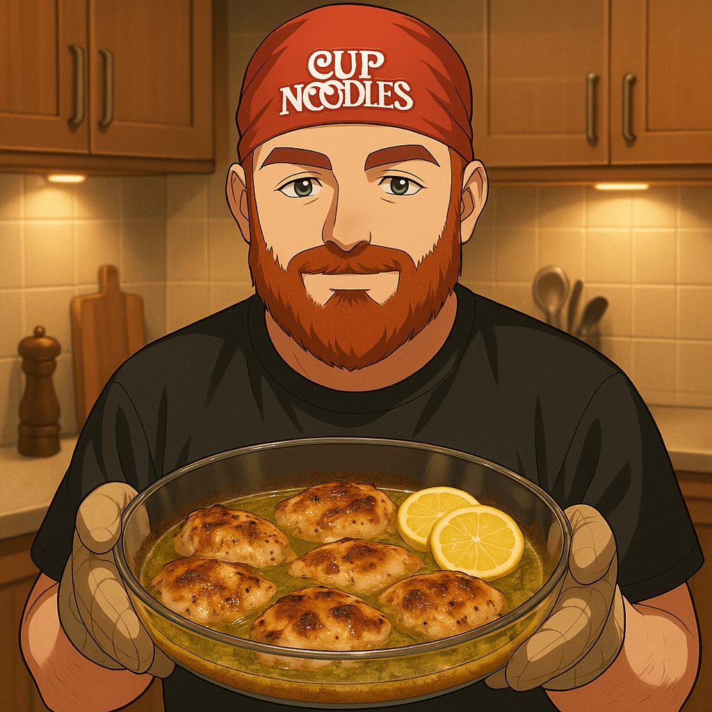 Efe'nin limonlu tavuğu fırından aldığında çekilen animasyon tarzı fotoğraf