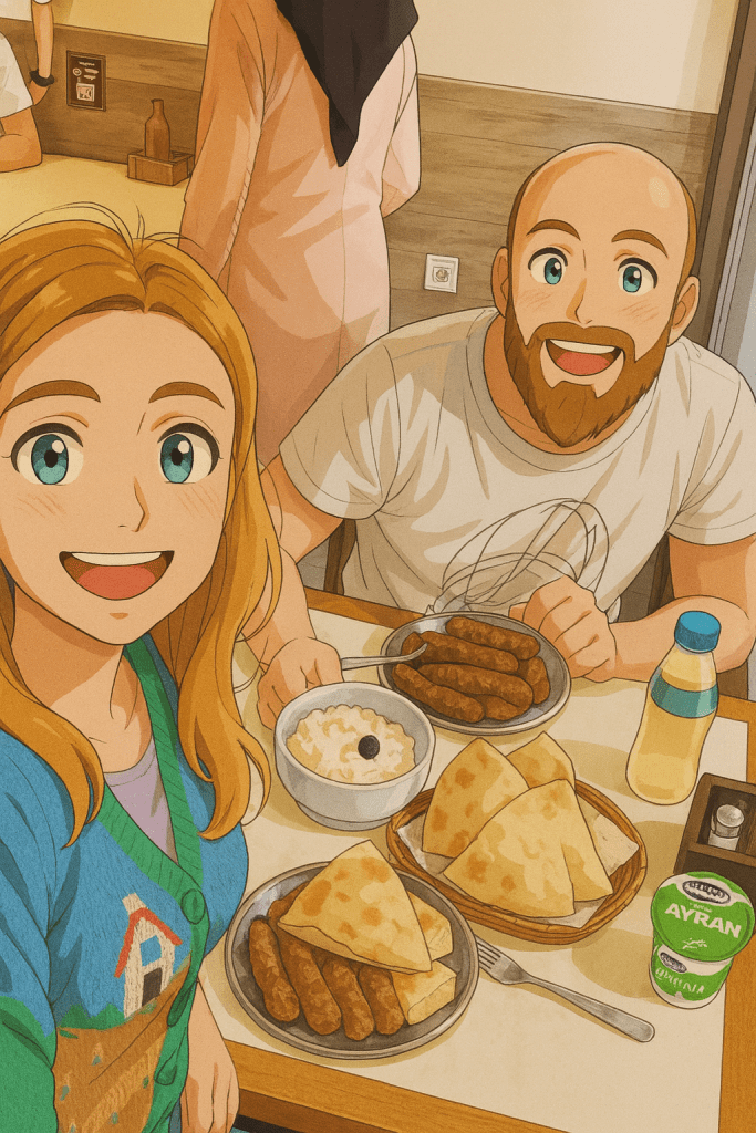 Efe ve Ebru'nun Üsküp tatilinde yediği Makedonya köftecisinde çekilmiş animasyon tarzı fotoğrafı - 2023 yaz tatili