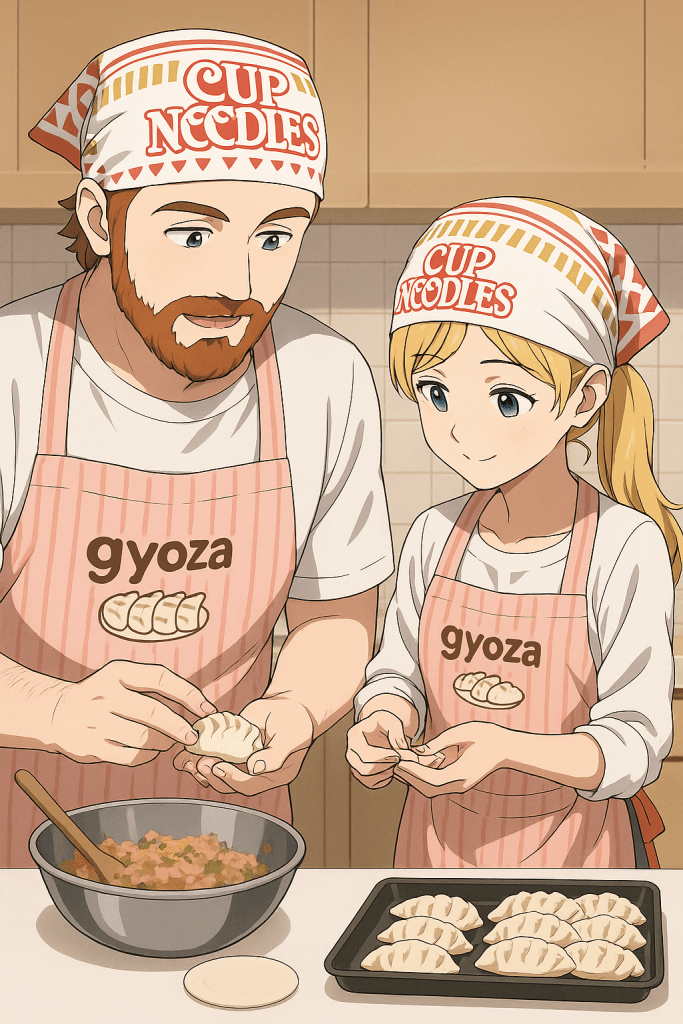 Efe ve Ebru'nun gyoza hazırlarken çekilmiş animasyon tarzı fotoğraf