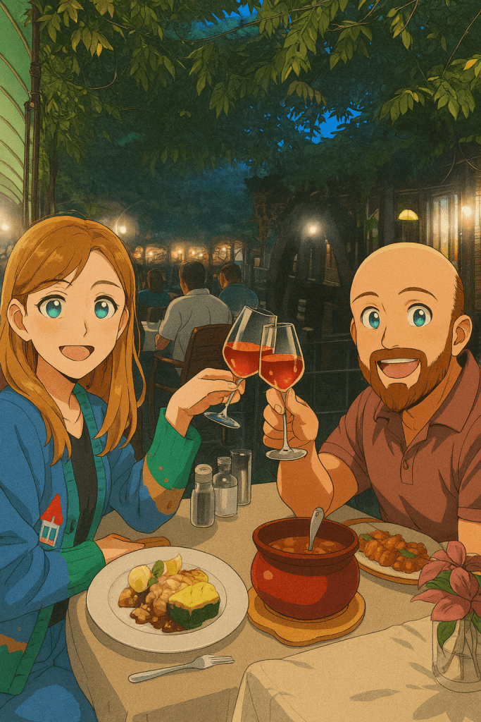 Efe ve Ebru'nun Üsküp tatilinde akşam yemeği yedikleri Vodenica restoran bahçesinde çekilmiş animasyon tarzı fotoğrafı - 2023 yaz tatili