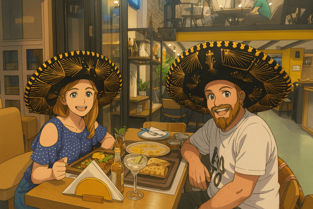 Efe ve Ebru'nun Üsküp tatilinde akşam yemeği için gittikleri Amigos restoranında çekilmiş animasyon tarzı fotoğraf - 2023 yaz tatili