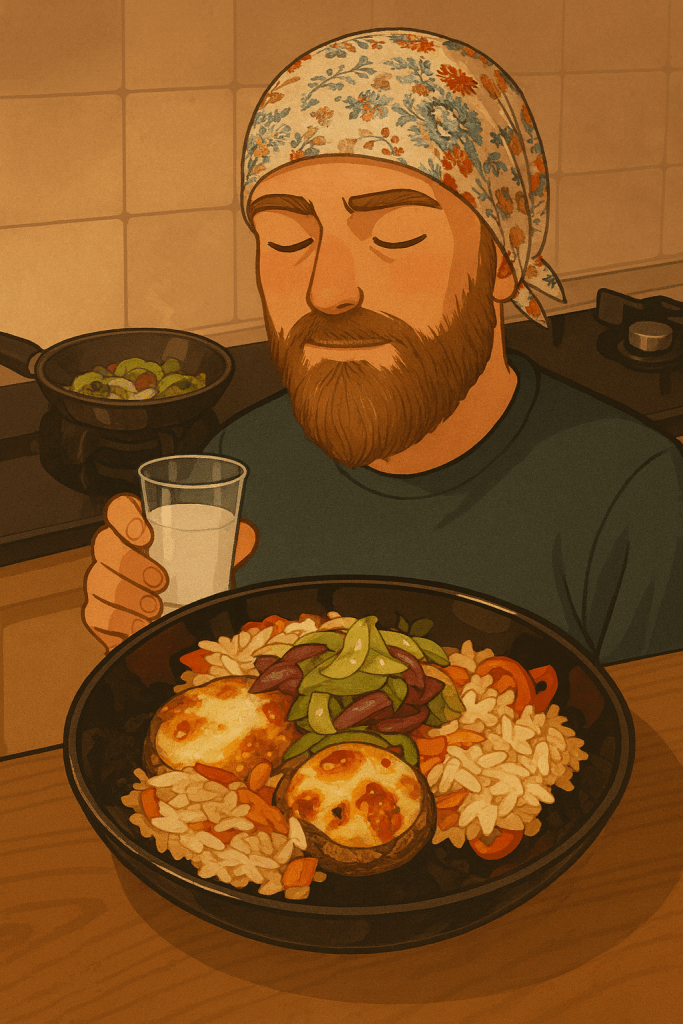 Efe'nin tabağı hazırladıktan sonra huzur içinde elinde rakı bardağı ile çekilmiş animasyon tarzı fotoğraf