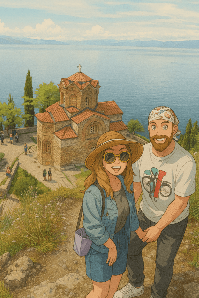 Efe ve Ebru'nun Makedonya tatilinde Ohrid'de gittikleri St. Jovan Kaneo kilisesi dışında çekilmiş animasyon tarzı fotoğraf