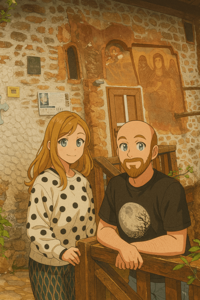 Efe ve Ebru'nun Makedonya tatilinde gittikleri Struga'daki St. Archangel Michael mağara kilisesi önünde çekilmiş animasyon tarzı fotoğraf