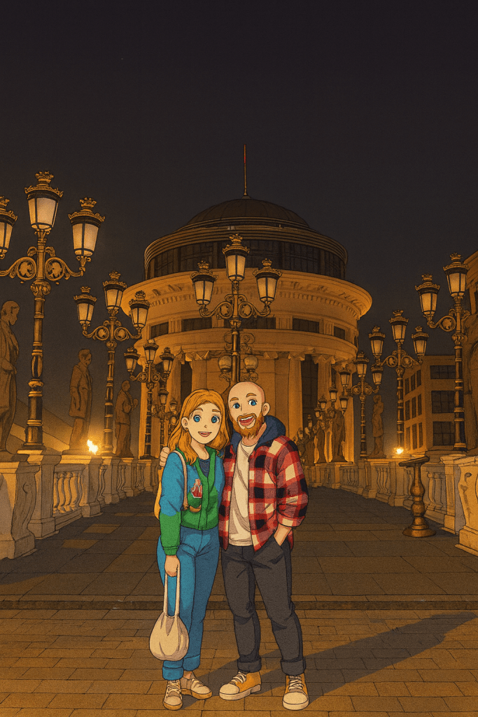 Efe ve Ebru'nun Üsküp tatilinde gece yürüyüşünde taş köprüde çekildikleri animasyon tarzı fotoğraf - 2023 yaz tatili