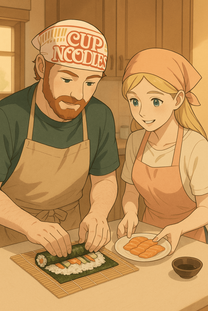 Efe ve Ebru'nun suşi hazırlarken çekilmiş animasyon tarzı fotoğraf