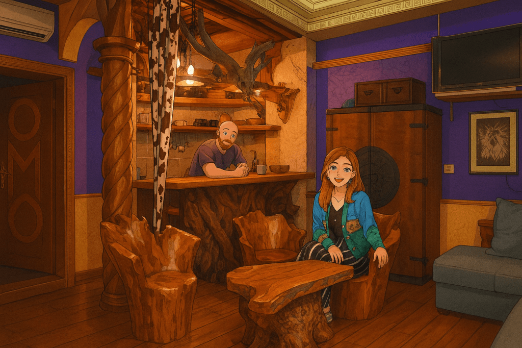 Efe ve Ebru'nun Üsküp tatilinde konakladığı Dali Apartments'da çekilmiş animasyon tarzı fotoğrafı - 2023 yaz tatili