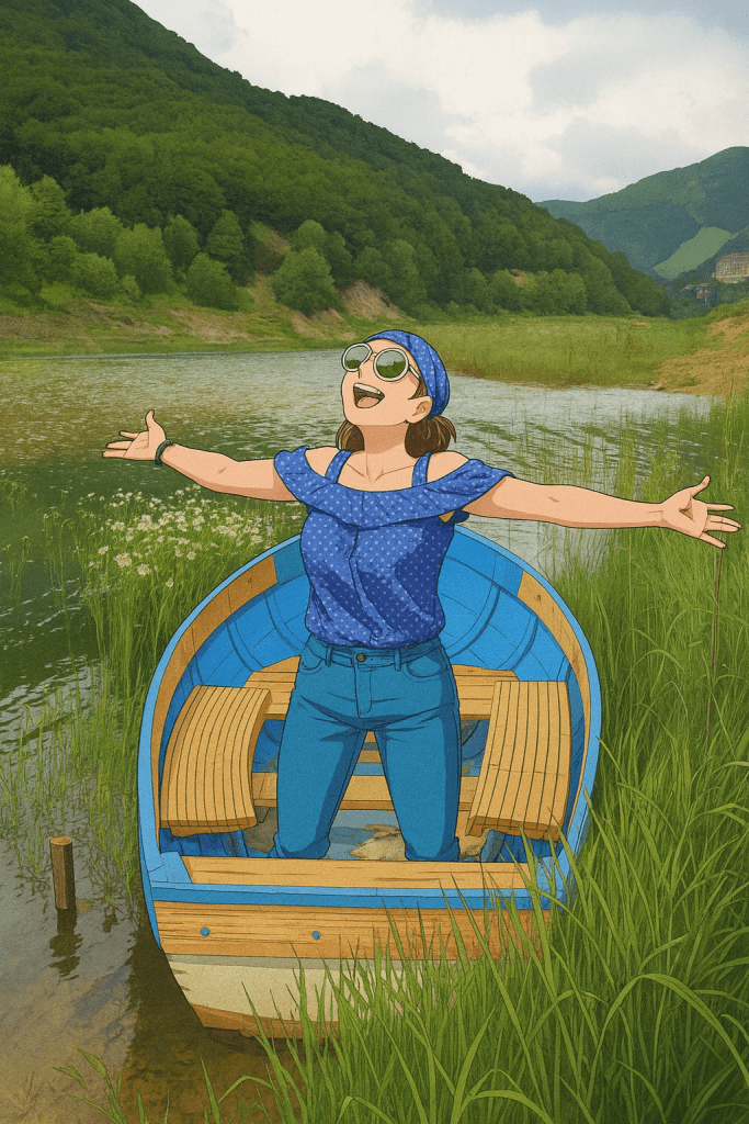 Efe ve Ebru'nun Üsküp tatilinde gittikleri Mavrova'daki Aziz Nikolas kilisesinin dışında kayık üzerinde çekilmiş animasyon tarzı fotoğraf - 2023 yaz tatili