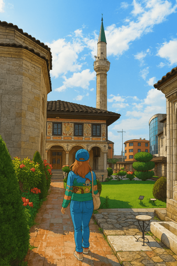 Efe ve Ebru'nun Üsküp tatilinde gittikleri Kalkandelen'deki Ulu Cami önünde çekilmiş animasyon tarzı fotoğraf - 2023 yaz tatili