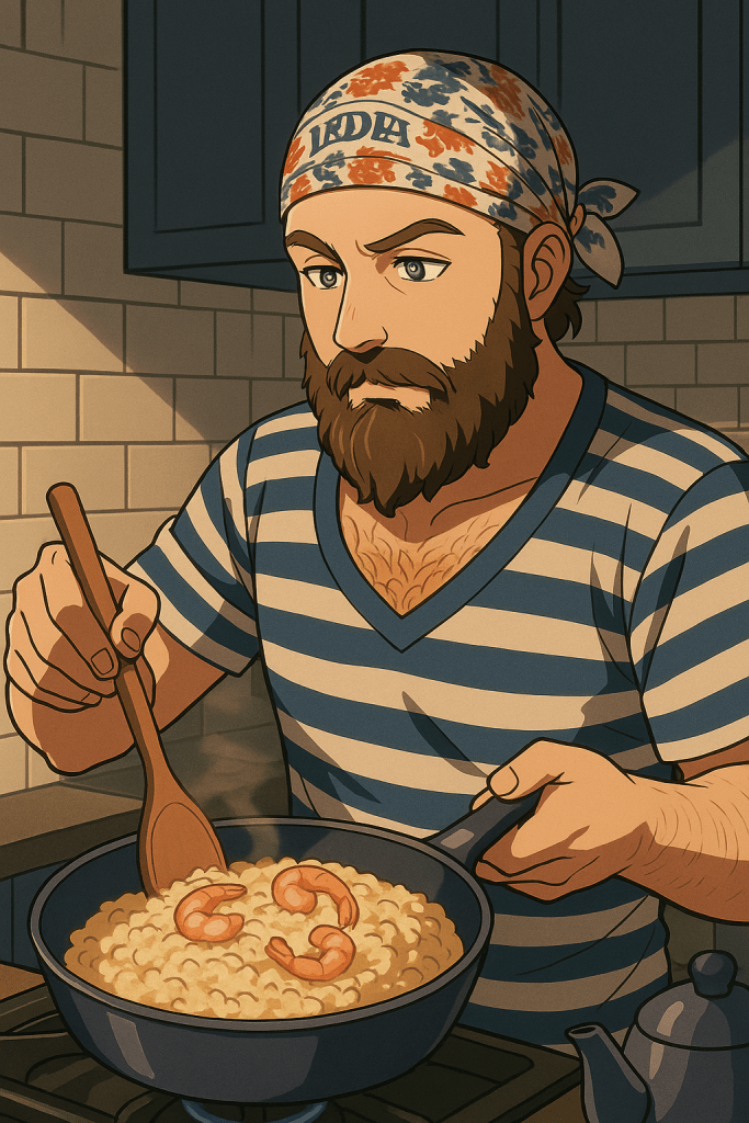 Efe'nin risottoyu yaparken çekilmiş animasyon tarzı fotoğraf