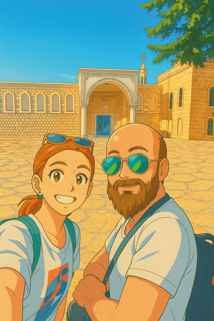 Efe ve Ebru'nun Mor Gabriel Manastırı'nın girişinde çekilmiş animasyon tarzı fotoğraf