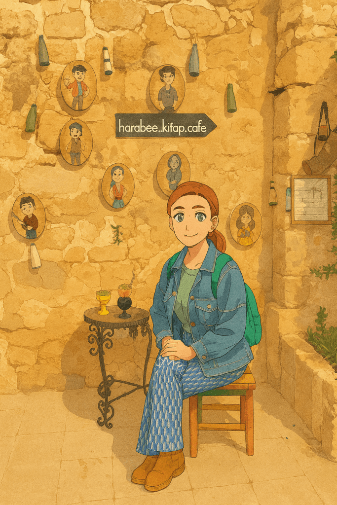 Efe ve Ebru'nun Mardin'de kahve içtikleri Kitap kafe'de çekilmiş animasyon tarzı fotoğraf