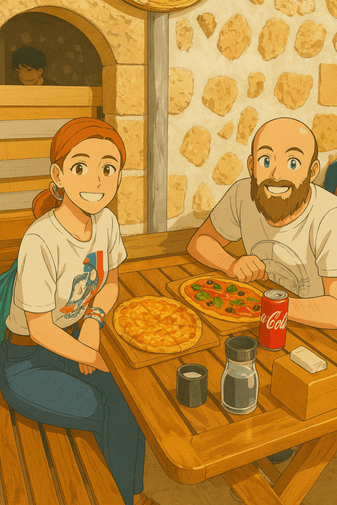 Efe ve Ebru'nun Mardin'de Kafro Pizzeria'da çekilmiş animasyon tarzı fotoğraf