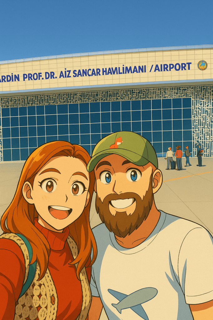 Efe ve Ebru'nun Mardin havalimanında çekilmiş animasyon tarzı fotoğraf