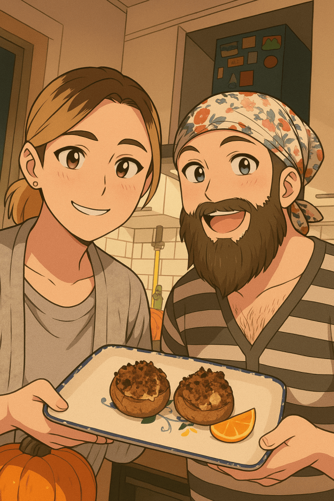 Efe ve Ebru'nun mantarları tabağa yerleştirdikten sonra çekilen animasyon tarzı fotoğraf