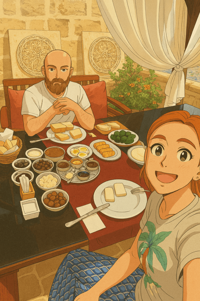 Efe ve Ebru'nun Mardin seyahatinde konakladıkları Tarihi Selçuklu Konağı'ndaki sabah kahvaltısından çekilmiş animasyon tarzı fotoğraf