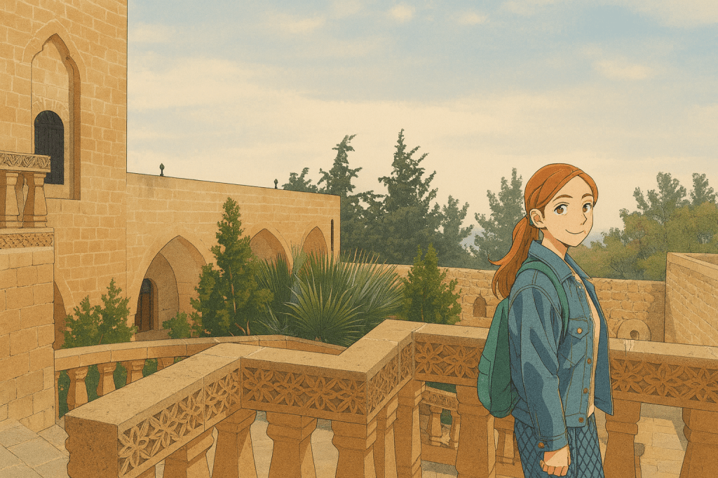 Efe ve Ebru'nun Mardin seyahatinde gezdikleri Deyrülzafaran manastırı balkonlarından birinde çekilmiş animasyon tarzı fotoğraf