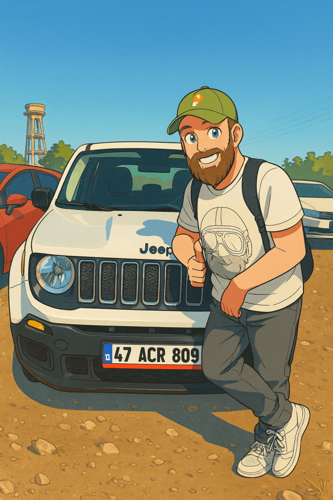 Efe ve Ebru'nun Mardin gezisinde kiralamış oldukları araba önünde çekilmiş animasyon tarzı fotoğraf