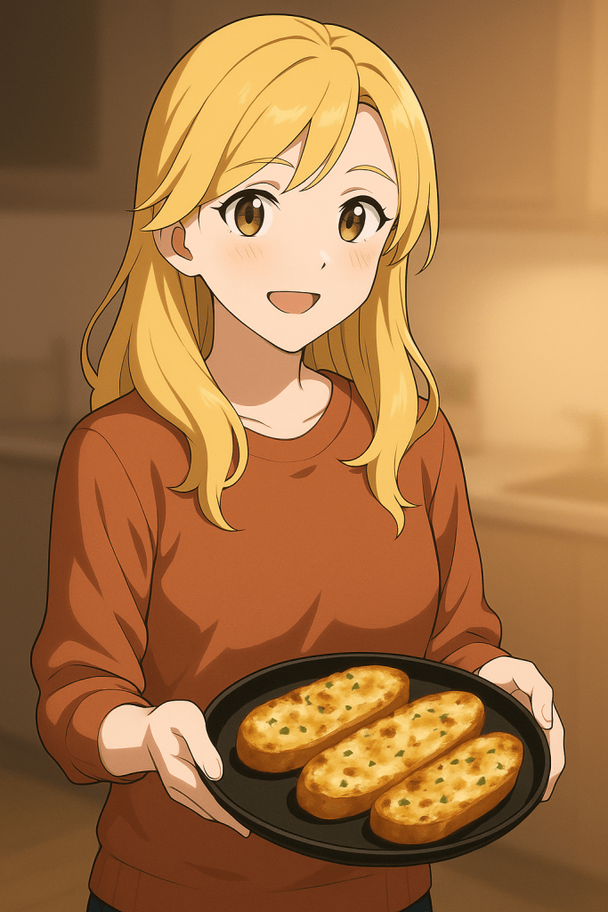 Ebru'nun sarımsaklı ekmekleri masaya getirirken çekilmiş anime tarzı fotoğraf