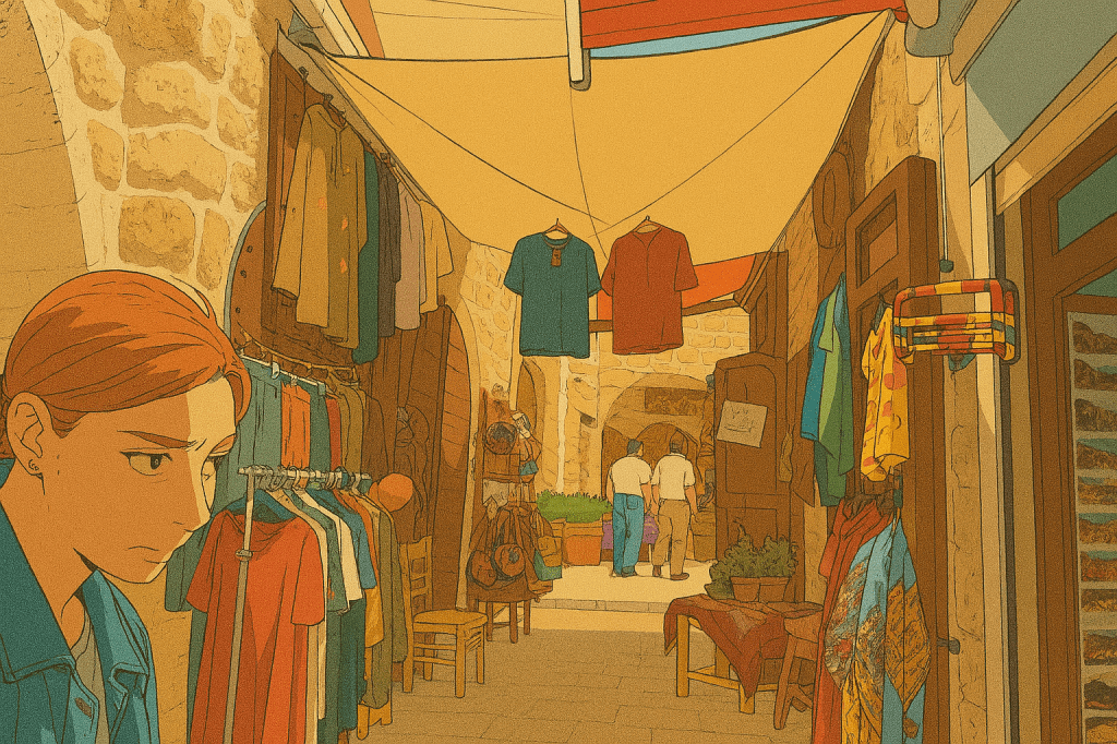 Efe'nin Mardin'de gezerken Ebru'nun fiyatlara olan bakışını çektiği animasyon tarzı fotoğraf