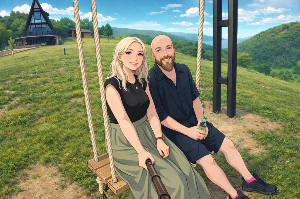 Efe ve Ebru’nun Ljubis’de konakladıkları villa bahçesindeki salıncakta çekilmiş animasyon tarzı fotoğraf