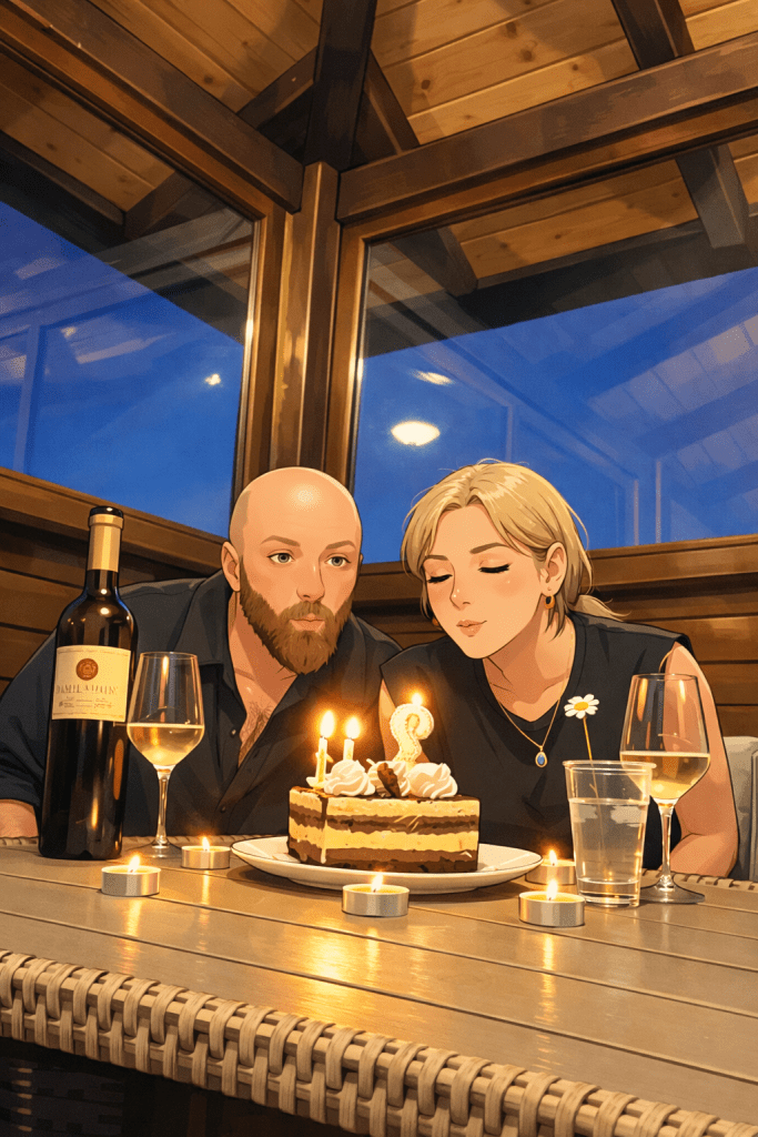 Efe ve Ebru’nun Ljubis’deki villada Ebru’nun doğum günü ve evlilik yıldönümlerini kutladıkları andaki animasyon tarzı fotoğraf