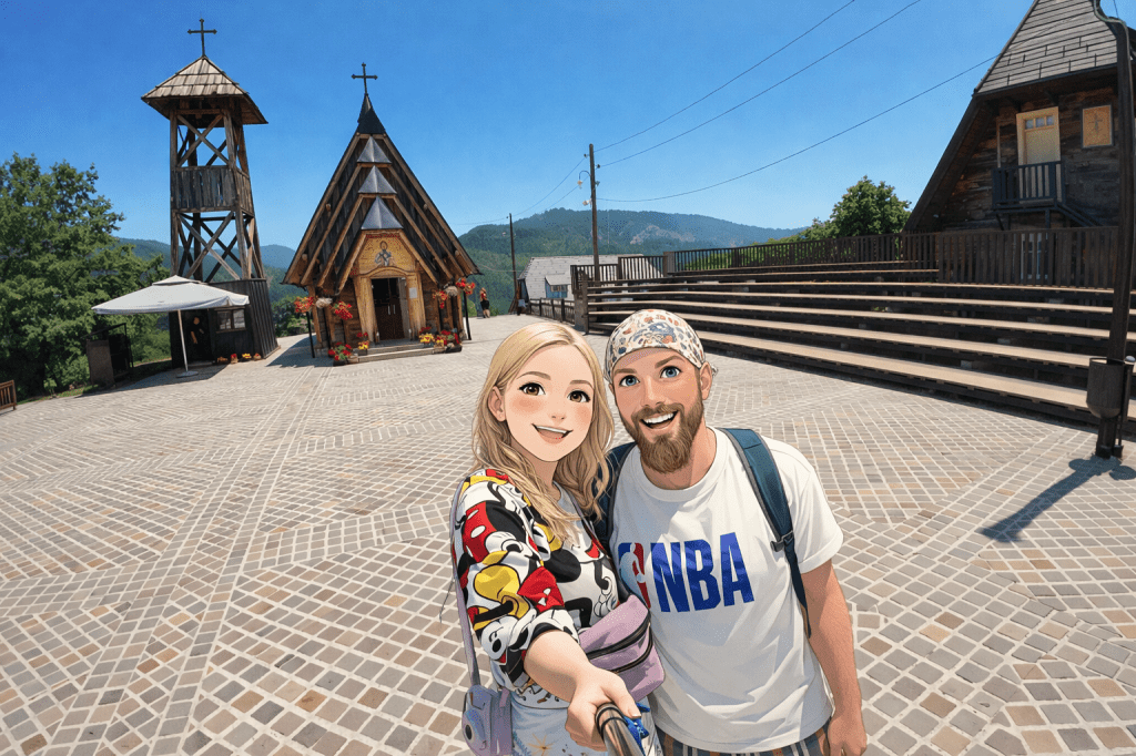 Efe ve Ebru’nun 2025 Sırbistan tatilinde gittikteleri Drvengrad’da çekilmiş animasyon tarzı fotoğraf