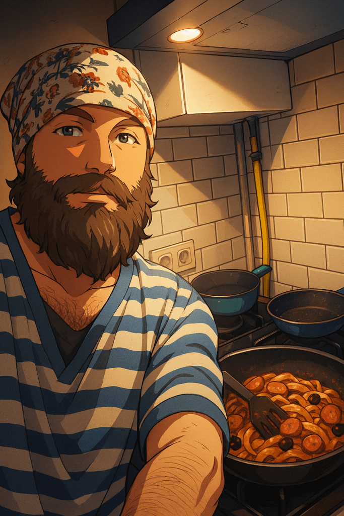 Efe’nin pesto sosu makarna ile karıştırırken çekilen animasyon tarzı fotoğraf