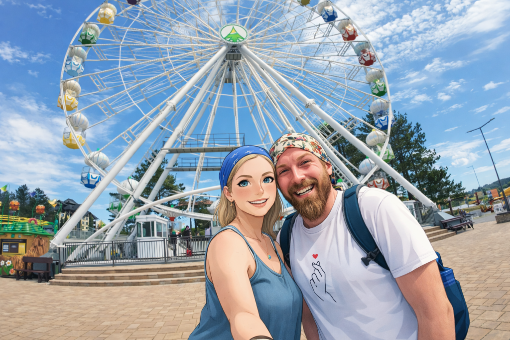 Efe ve Ebru’nun Zlatibor’da dönme dolaba binmeden önce çekilmiş animasyon tarzı fotoğraf