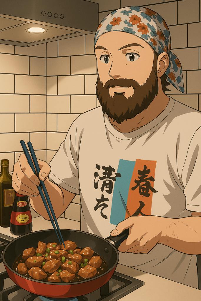 Efe’nin Japon mutfağı, Teriyaki soslu tavuk yaparken çekilmiş animasyon tarzı fotoğrafı