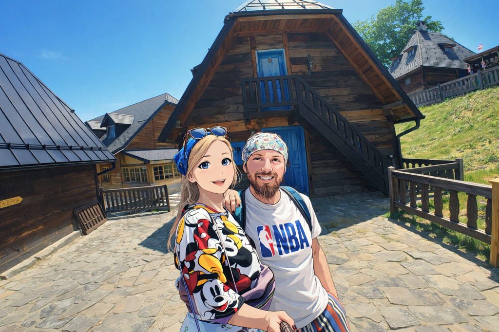 Efe ve Ebru’nun 2025 Sırbistan tatilinde gittikteleri Drvengrad’da çekilmiş animasyon tarzı fotoğraf