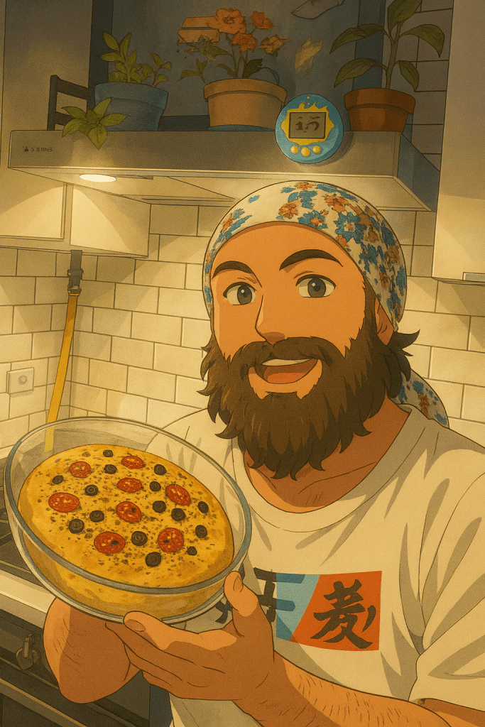 Efe’nin evde yaptığı focaccia sonrası onu fırından alıp servise hazırlandığı andaki animasyon tarzı fotoğraf
