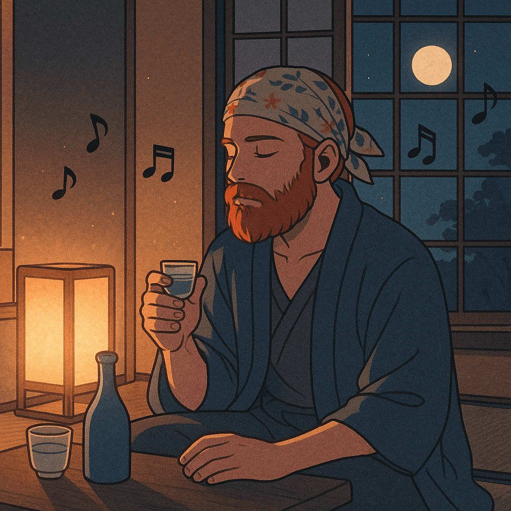 Efe’nin tempura yemeği sonrası sake içerken çekilen animasyon tarzı fotoğraf