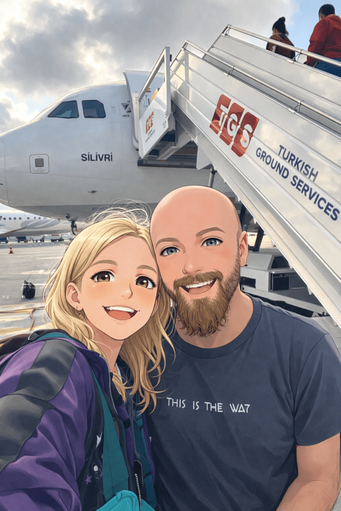 Efe ve Ebru’nun 2025 Sırbistan tatilen giderken uçağa binerken çekilmiş animasyon tarzı fotoğraf