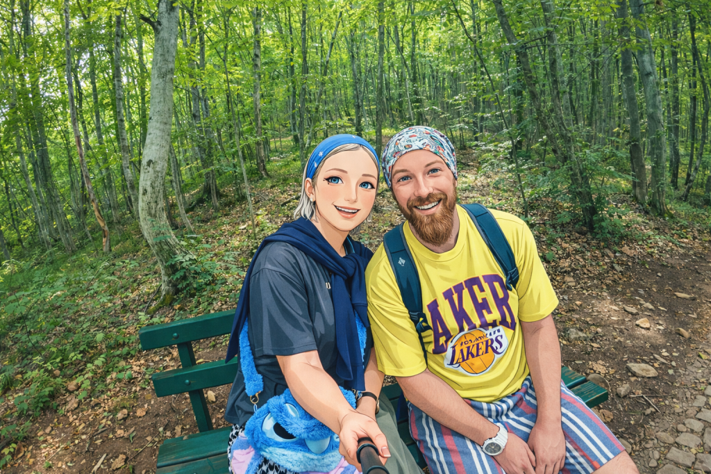 Efe ve Ebru’nun Makro Gora bölgesinde 2025 Sırbistan gezisinde ziyaret ettikleri Gostilje şelalesi yolunda çekilmiş bir fotoğraf