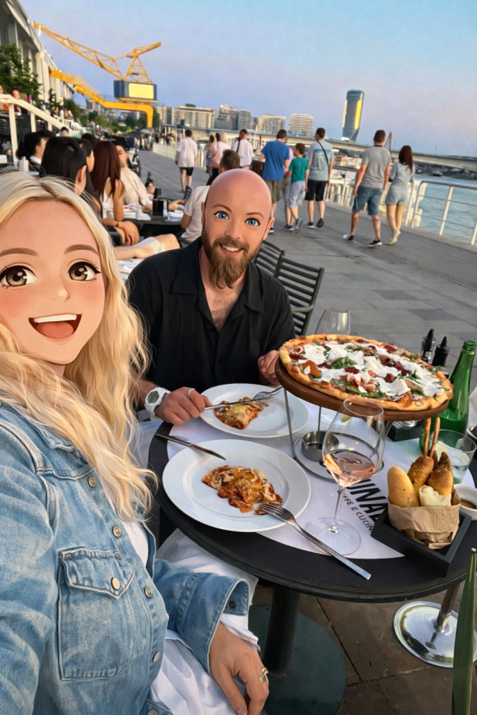 Efe ile Ebru’nun Belgrad Communale restaurantta çekilen animasyon tarzı fotoğraf