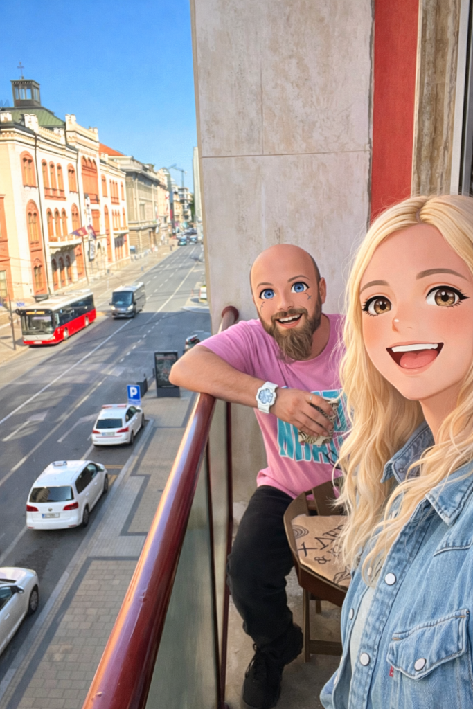 Efe ile Ebru’nun Belgrad’da konakladıkları evin balkonunda kahvaltı ederken çekilmiş animasyon tarzı fotoğraf