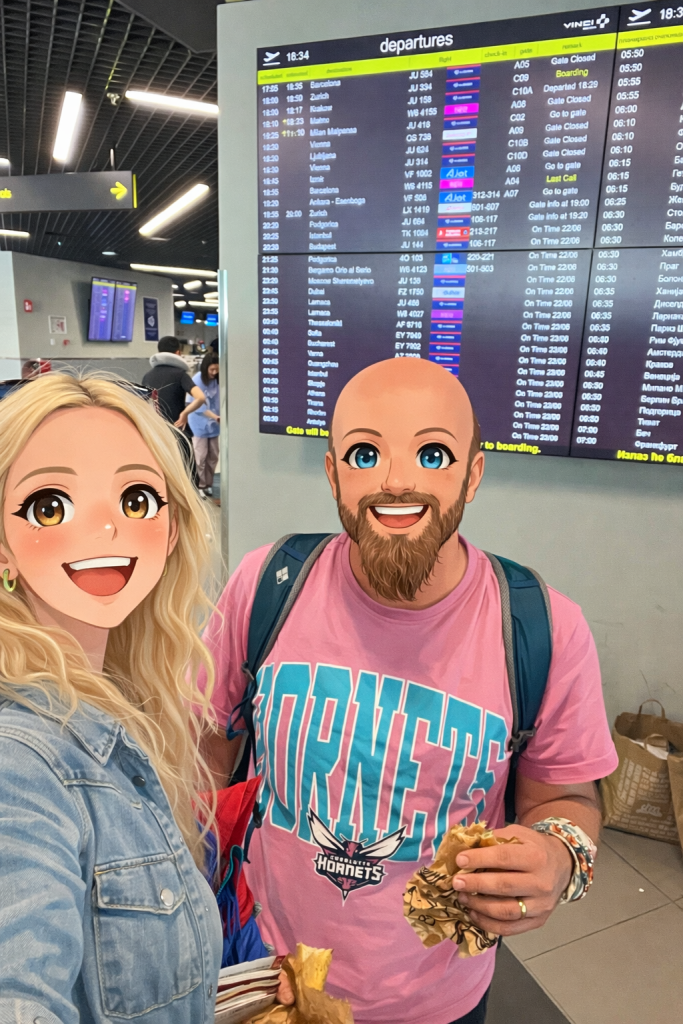 Efe ve Ebru’nun Nikola Tesla Havalimanında çekilmiş animasyon tarzı fotoğraf