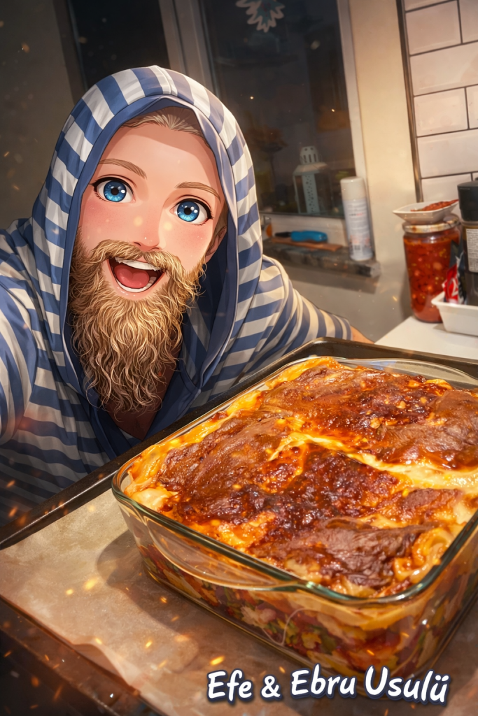 Efe’nin fırından çıkarttığı lazanya ile çekilmiş animasyon tarzın fotoğraf